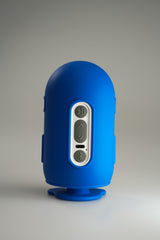 Back of Jules in the blue outfit, showing the control buttons and USB-C port